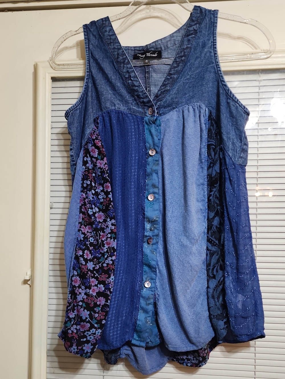 Blue Patchwork Button-Front Tank Top by Tracy Threadz